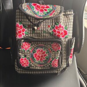 Floral Embroidered Backpack with Red Accents